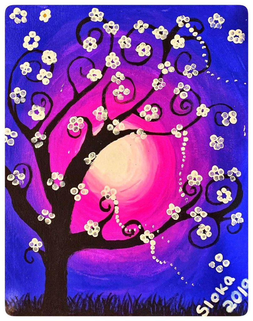 An oil painting of blossoming tree at sunset.