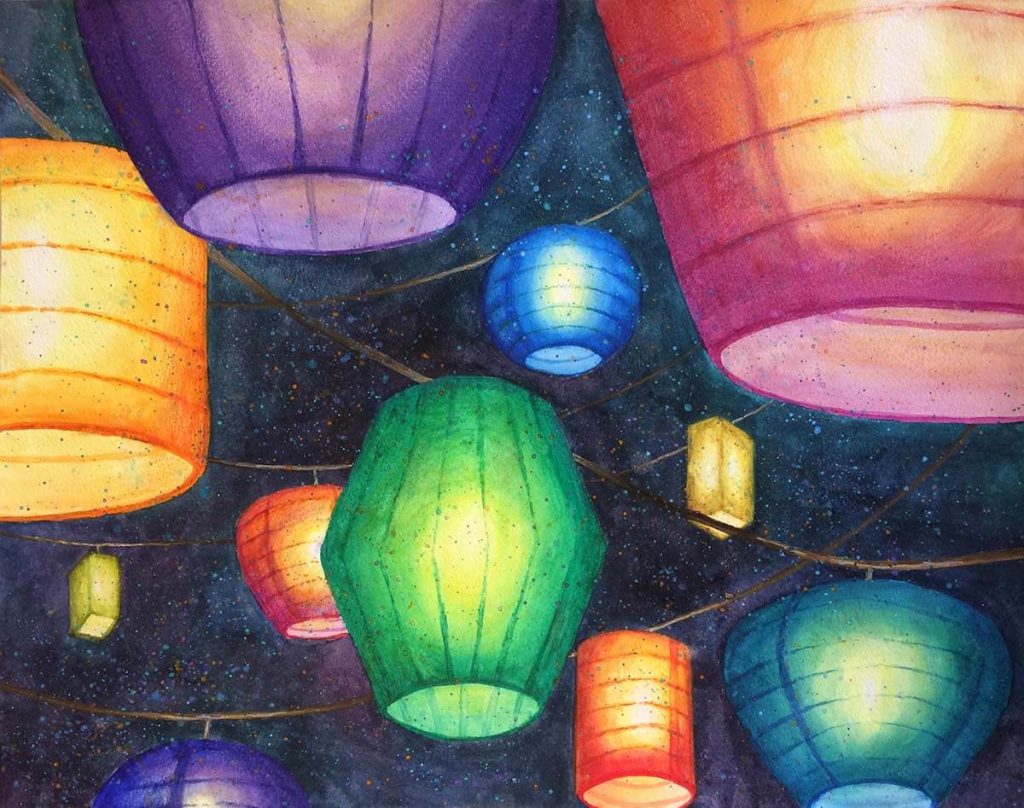 A watercolour painting of multicoloured paper lanterns glowing in the night sky.