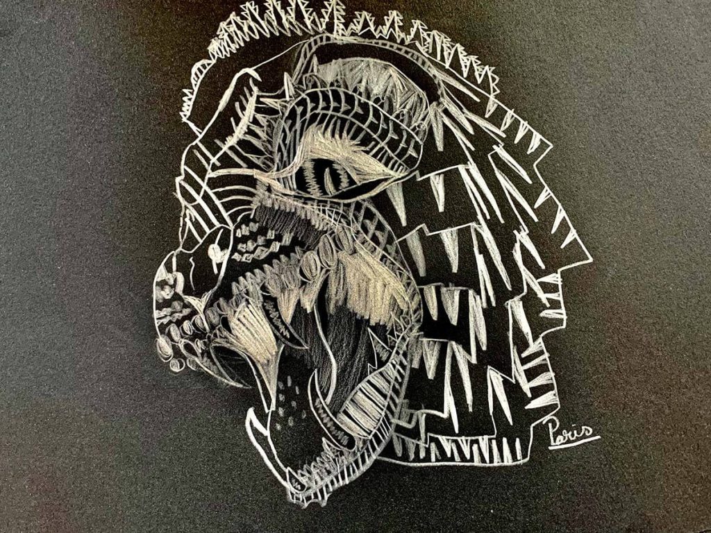 A pencil drawing on black paper of an abstract tiger drawn in shapes.