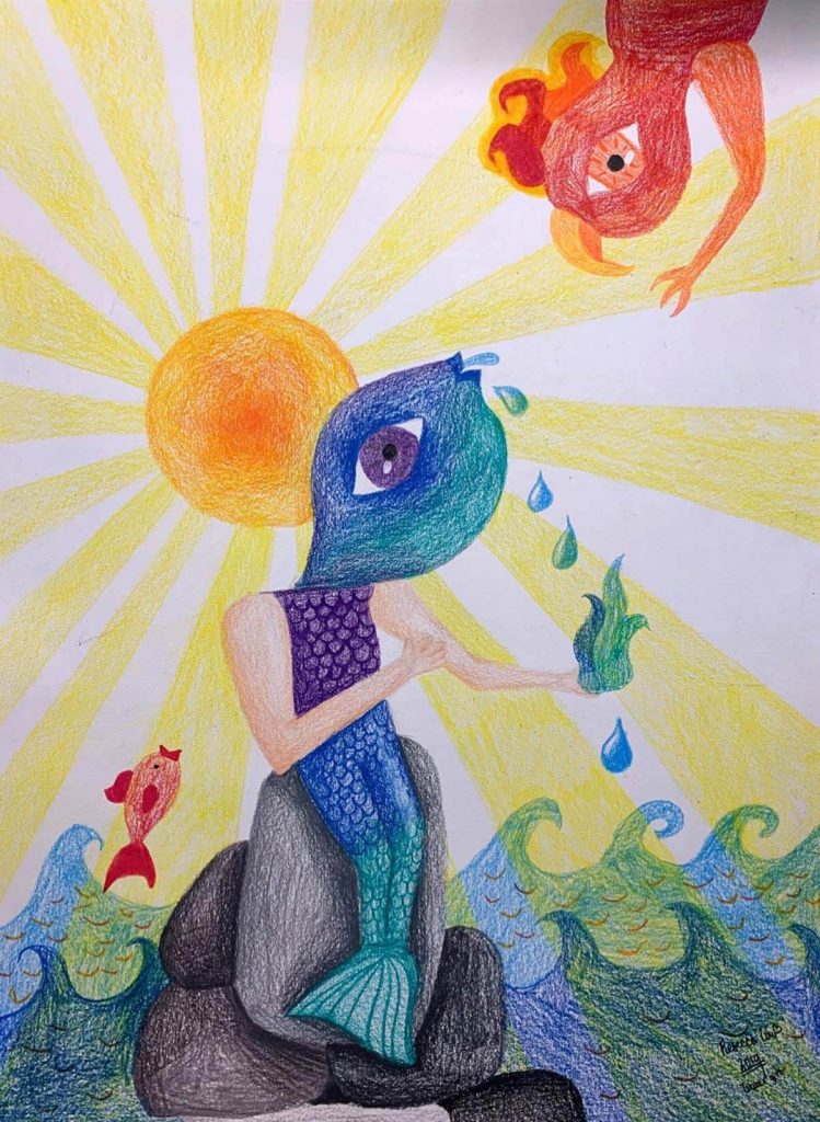 Surreal colored pencil drawing of mermaid with a fish head in front of a bright sun.