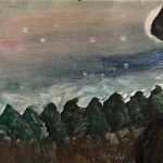 A watercolour painting of a forest at night.