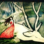 Painting of a woman in red dress leaning on giant resting deer.