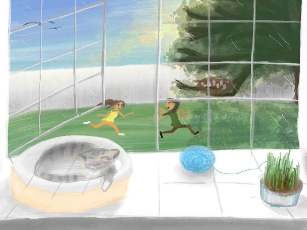 A digital painting of a backyard scene with children playing tag and a cat curled up on a window seat.