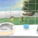 A digital painting of a backyard scene with children playing tag and a cat curled up on a window seat.