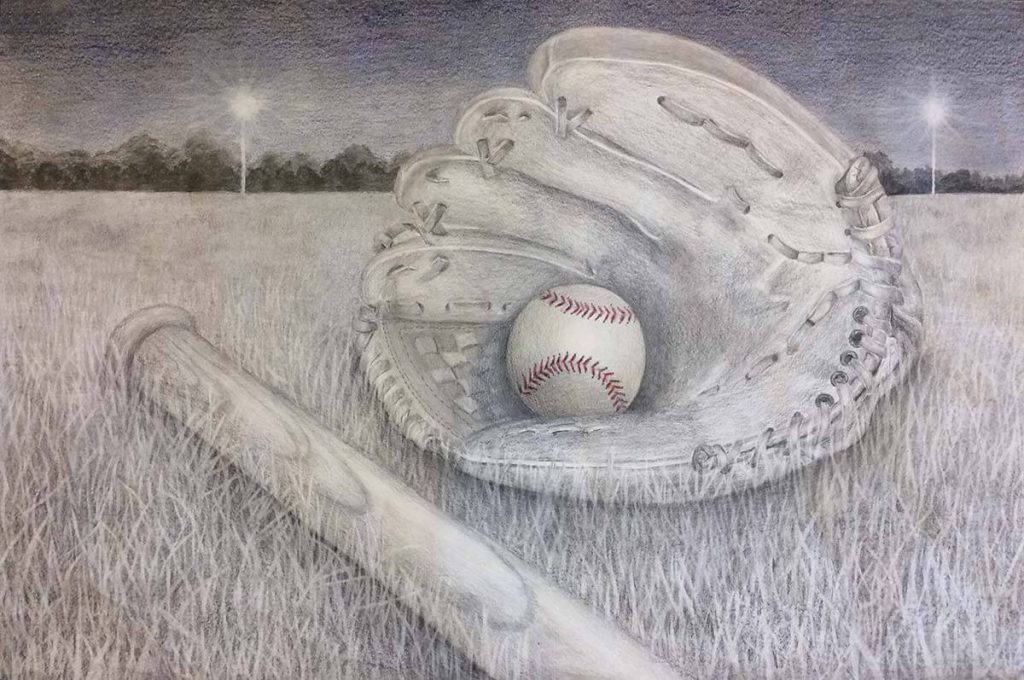 A nostalgic pencil crayon drawing of a baseball bat, ball and glove lying abandoned on a field.