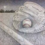 A nostalgic pencil crayon drawing of a baseball bat, ball and glove lying abandoned on a field.