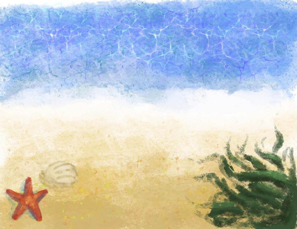 A digital painting of a sandy beach.
