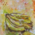 An acrylic painting of a bunch of bananas.
