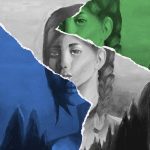 A collage of three acrylic paintings - one blue, one black-and-white, one green- of a girl’s face.