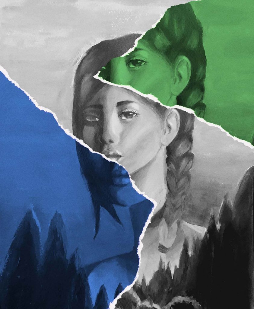 A collage of three acrylic paintings - one blue, one black-and-white, one green- of a girl’s face.