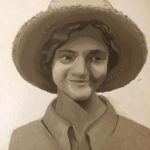 An acrylic painting in black-and-white of a girl wearing a hat.