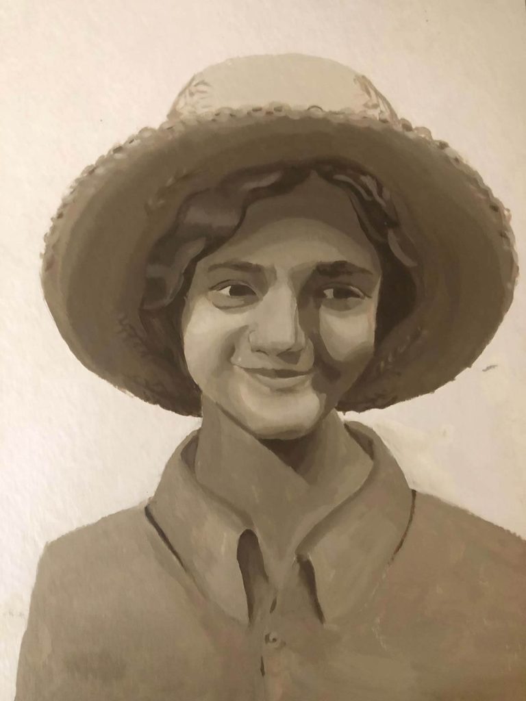 An acrylic painting in black-and-white of a girl wearing a hat.