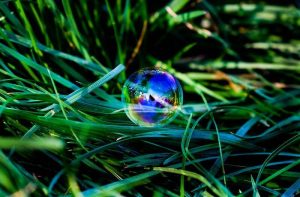 A photograph of a multicoloured bubble in the grass.