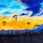 An acrylic painting of parachutes silhouetted against the sunset, with a city skyline down below.