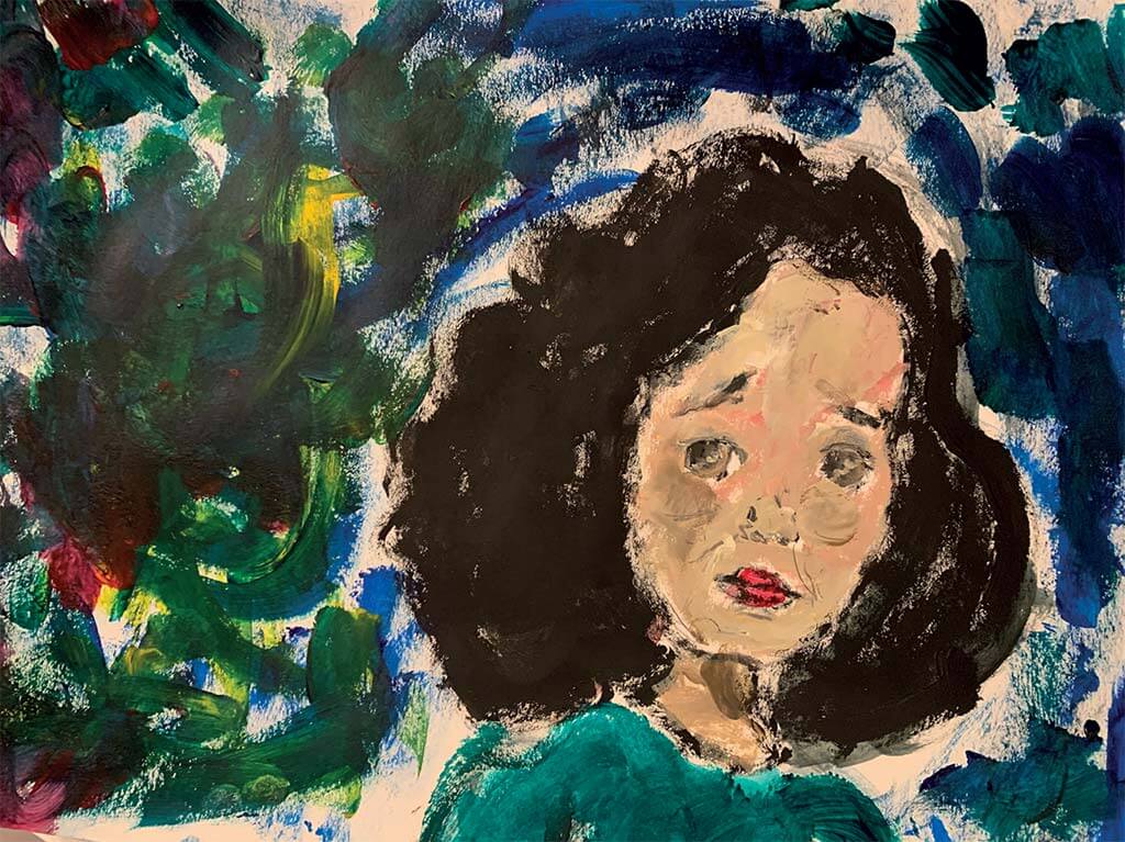 An acrylic painting of a girl with a concerned expression.