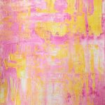 Watercolor painting of yellow brushstrokes on pink background