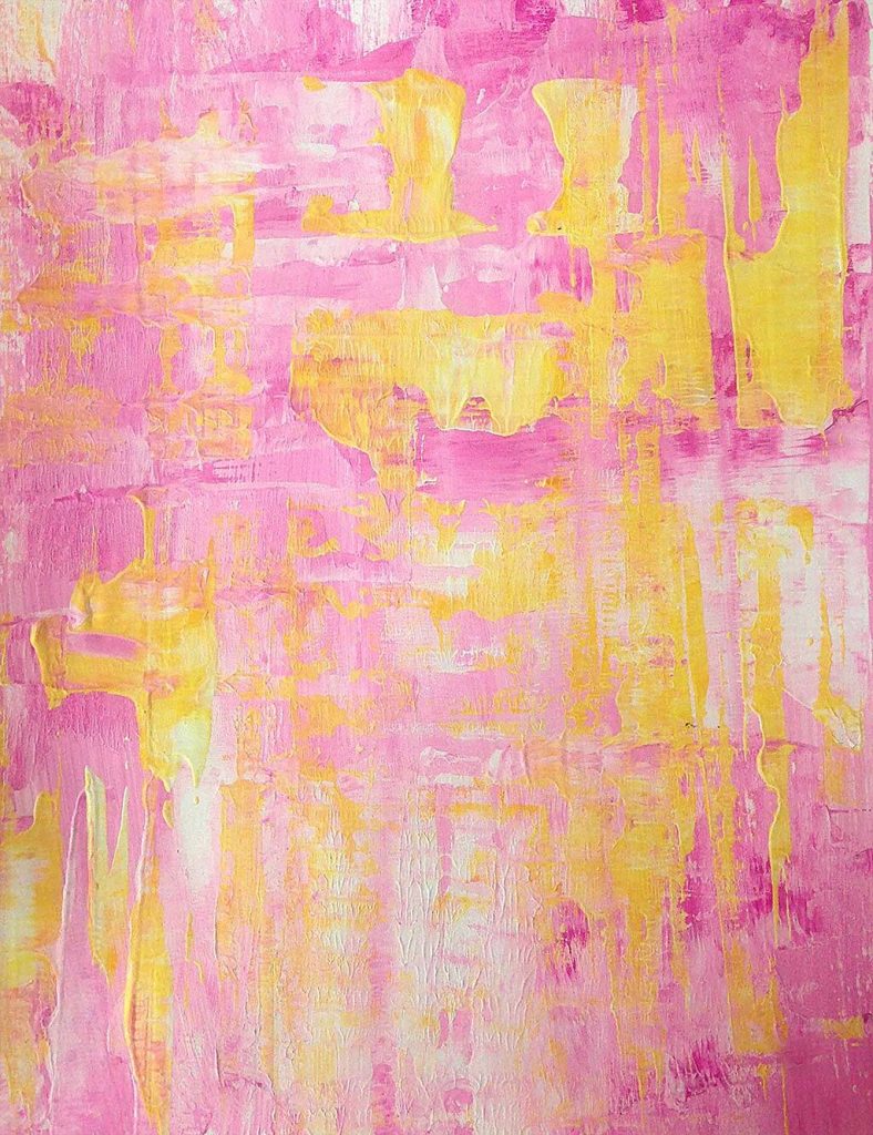 Watercolor painting of yellow brushstrokes on pink background