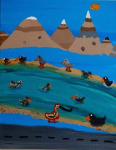 Acrylic painting of different birds at a river beside a road and mountains